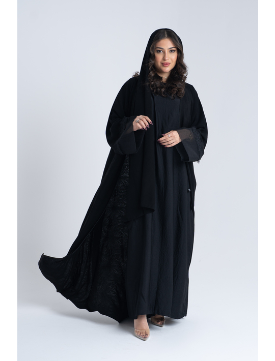 Black Chic Open Abaya Wide Organza Cuff With Lace